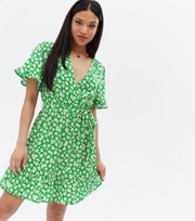 New Look Petite Green Floral Crepe Mini Wrap Dress